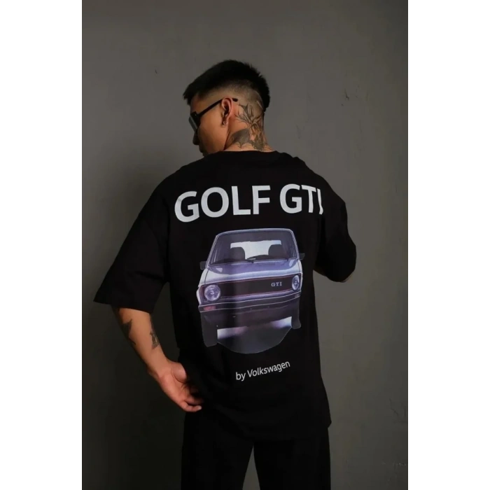 MARSiLYAN- Erkek Oversize Baskılı Tişört – Golf GTI Retro Araba Desenli, Ön - Arka Dijital Baskı, Sokak Modası Stil - Siyah