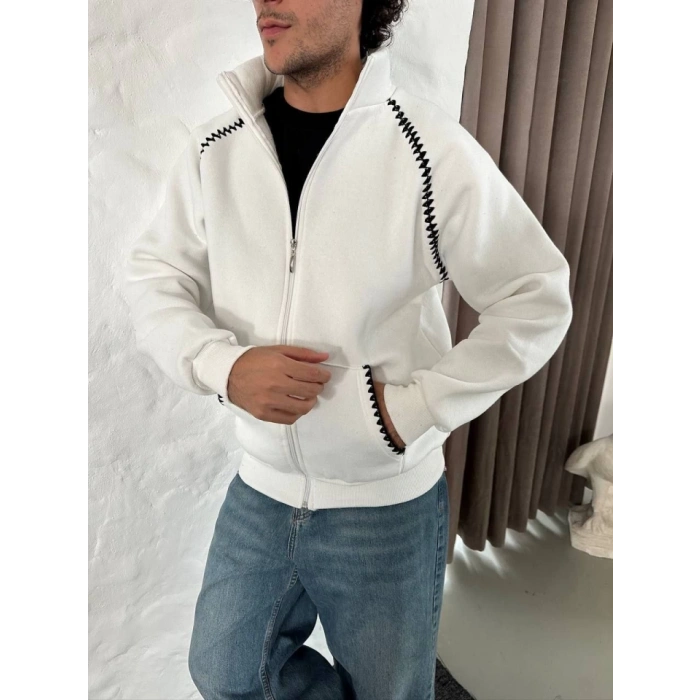 MARSiLYAN- Erkek Oversize Dik Yaka Fermuarlı Sweatshirt - Zincir Nakışli Kanguru Cepli - Beyaz