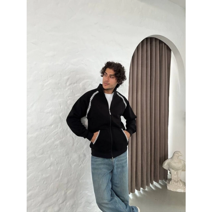 MARSiLYAN- Erkek Oversize Dik Yaka Fermuarlı Sweatshirt - Zincir Nakışli Kanguru Cepli - Siyah