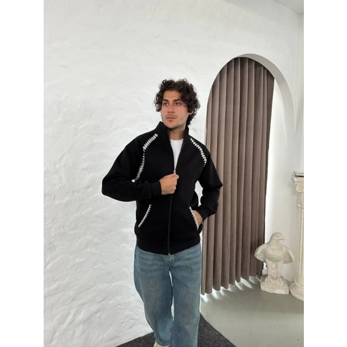 MARSiLYAN- Erkek Oversize Dik Yaka Fermuarlı Sweatshirt - Zincir Nakışli Kanguru Cepli - Siyah