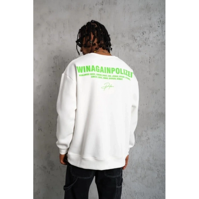 MARSiLYAN- Erkek Oversize Sweatshirt – Beyaz Renk  Ön Ve Sırt Baskılı, Üç İplik İçi Pamuklu Kumaş, Rahat Kalıp, Ribanalı Kışlık Sweat  Winagain Polizei Serisi - Beyaz