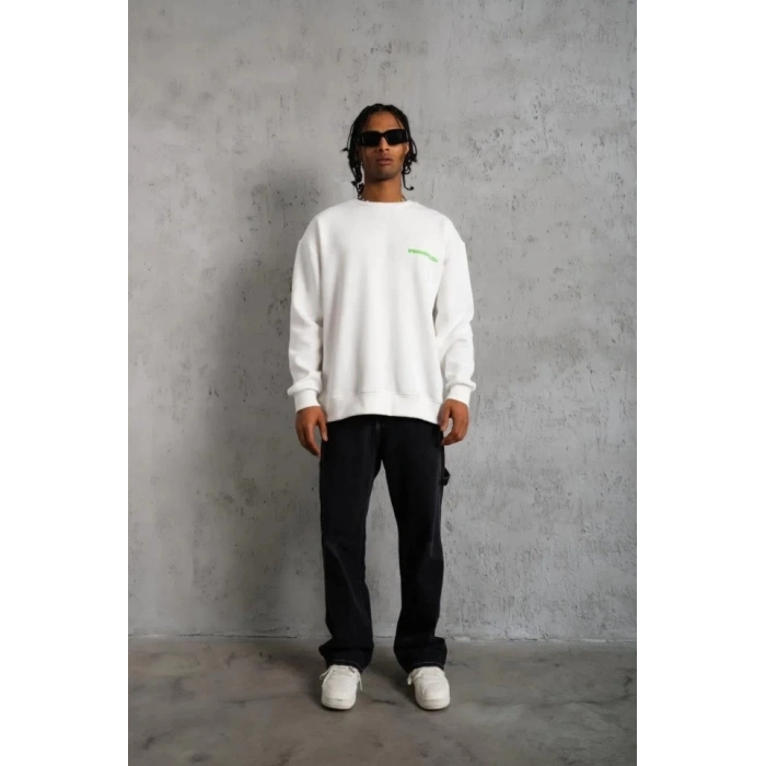 MARSiLYAN- Erkek Oversize Sweatshirt – Beyaz Renk  Ön Ve Sırt Baskılı, Üç İplik İçi Pamuklu Kumaş, Rahat Kalıp, Ribanalı Kışlık Sweat  Winagain Polizei Serisi - Beyaz