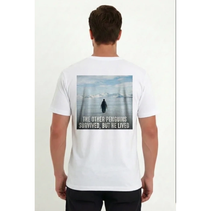 MARSiLYAN- Erkek Oversize Tişört - Sırt Baskılı Survivor Penguin Temalı, Felsefi Yazılı Bisiklet Yaka Tişört - Beyaz