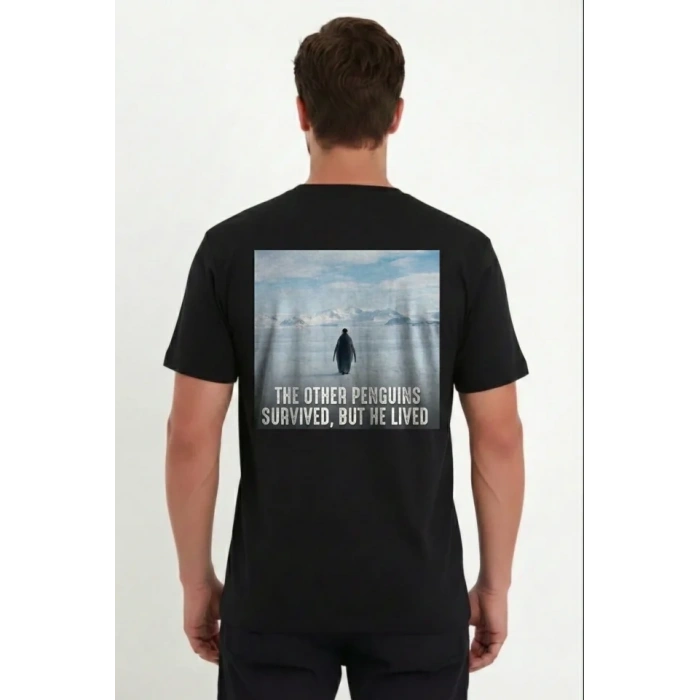 MARSiLYAN- Erkek Oversize Tişört - Sırt Baskılı Survivor Penguin Temalı, Felsefi Yazılı Bisiklet Yaka Tişört - Siyah