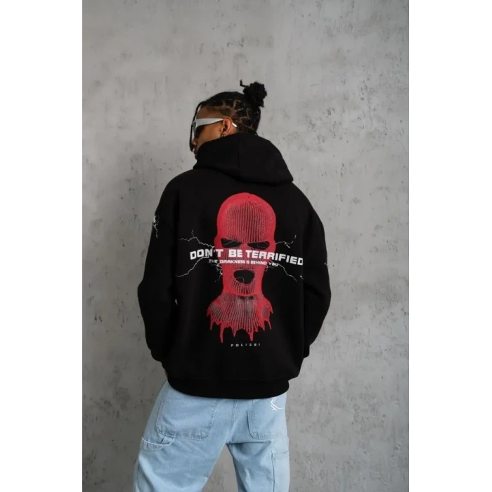 MARSiLYAN- Erkek Oversize Üç İplik Kapüşonlu Sweatshirt – Siyah “Don’t Be Terrified” Ön, Sırt Ve Kol Baskılı, Kanguru Cepli, Ribanalı Rahat Model- Siyah
