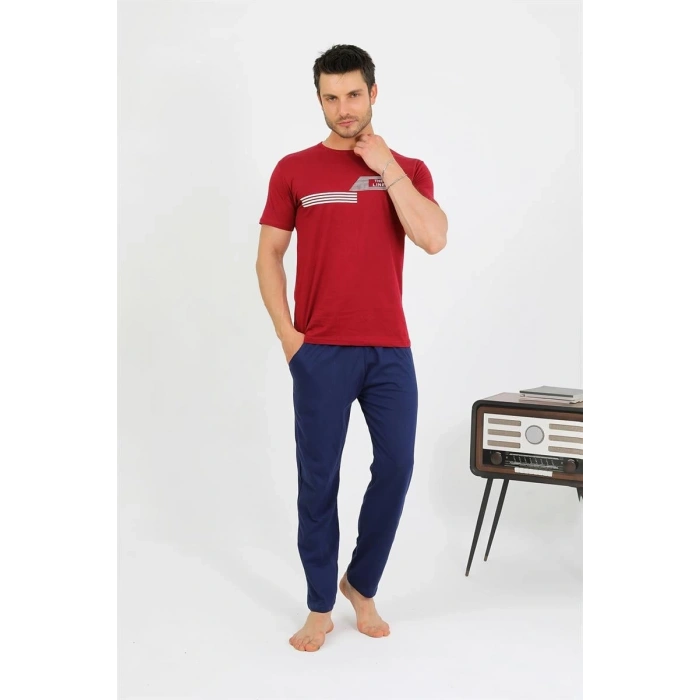 MARSiLYAN- Erkek Pamuk Kısa Kol Pijama Takım Bordo