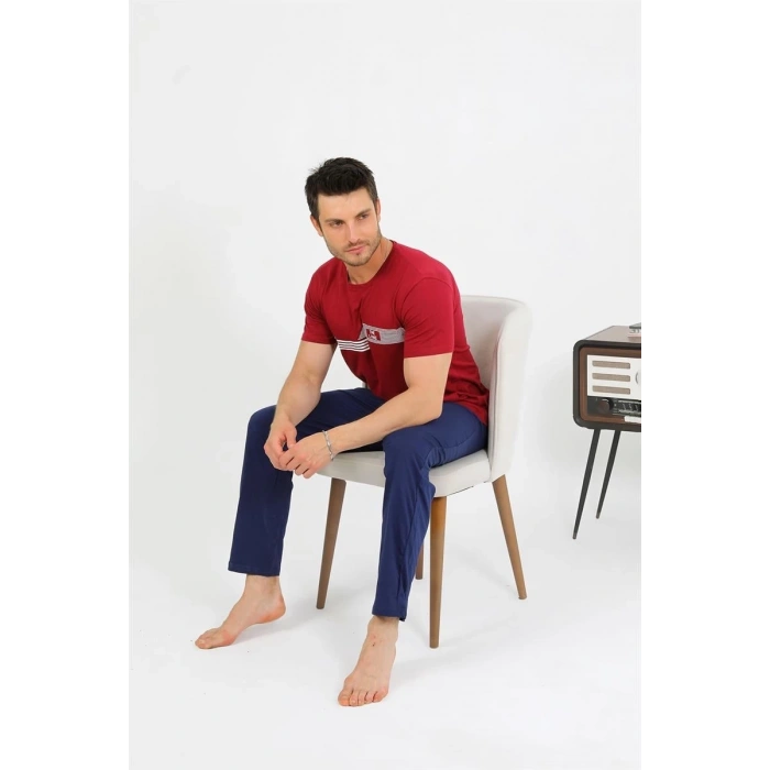 MARSiLYAN- Erkek Pamuk Kısa Kol Pijama Takım Bordo