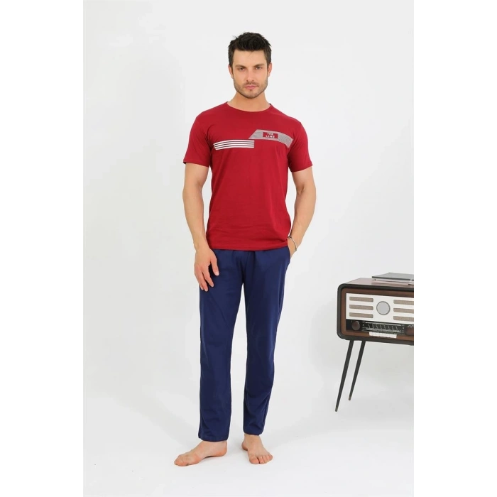 MARSiLYAN- Erkek Pamuk Kısa Kol Pijama Takım Bordo