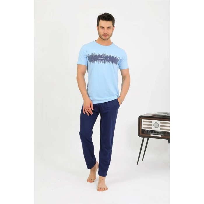 MARSiLYAN- Erkek Pamuk Kısa Kol Pijama Takım Mavi