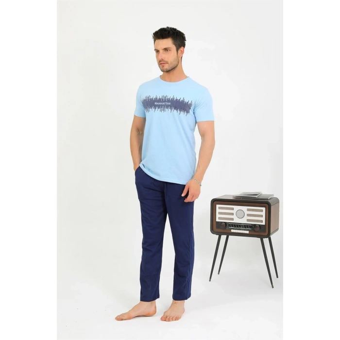 MARSiLYAN- Erkek Pamuk Kısa Kol Pijama Takım Mavi
