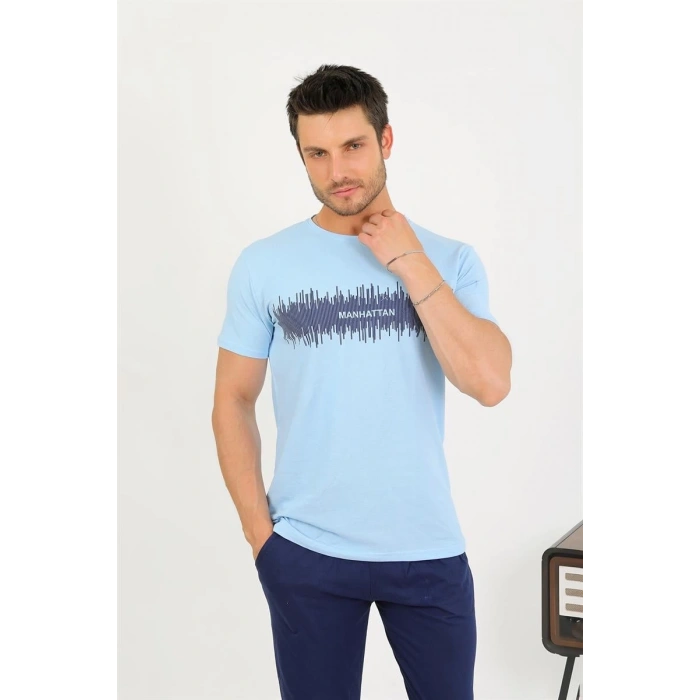 MARSiLYAN- Erkek Pamuk Kısa Kol Pijama Takım Mavi