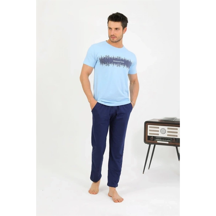 MARSiLYAN- Erkek Pamuk Kısa Kol Pijama Takım Mavi