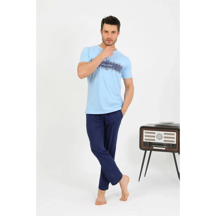 MARSiLYAN- Erkek Pamuk Kısa Kol Pijama Takım Mavi
