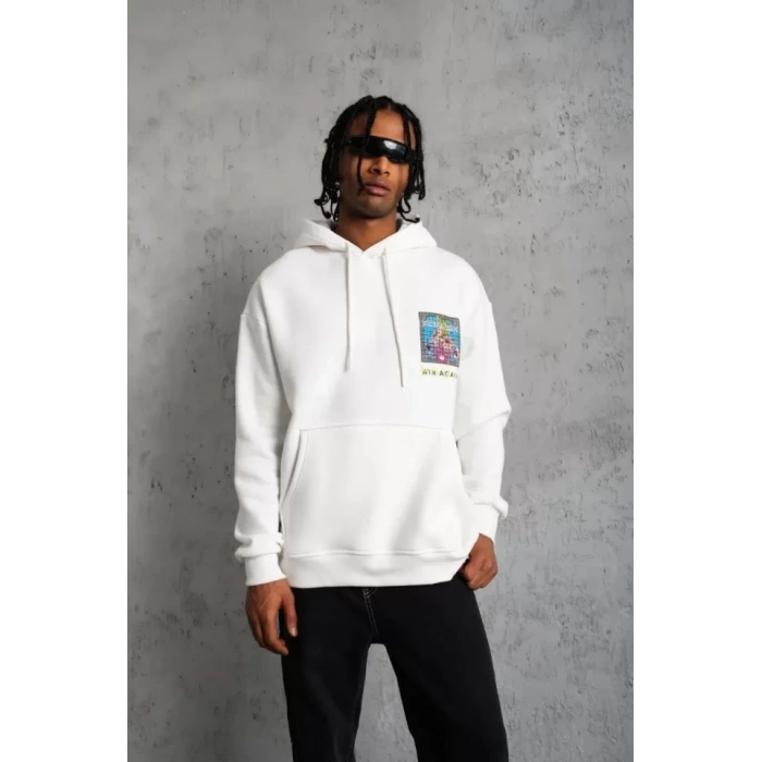 MARSiLYAN- Erkek Patel Six Baskılı Kapüşonlu Sweat - Beyaz