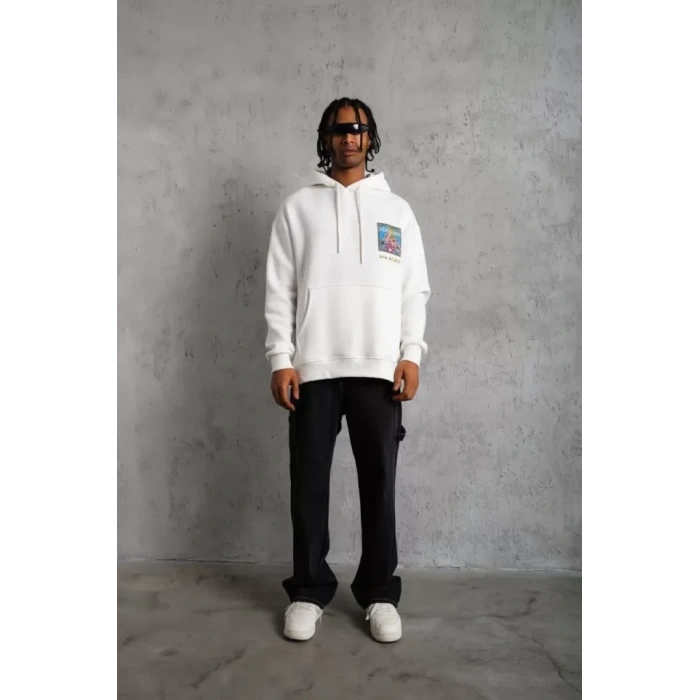 MARSiLYAN- Erkek Patel Six Baskılı Kapüşonlu Sweat - Beyaz