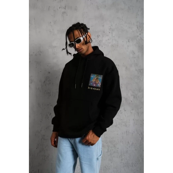 MARSiLYAN- Erkek Patel Six Baskılı Kapüşonlu Sweat - Siyah