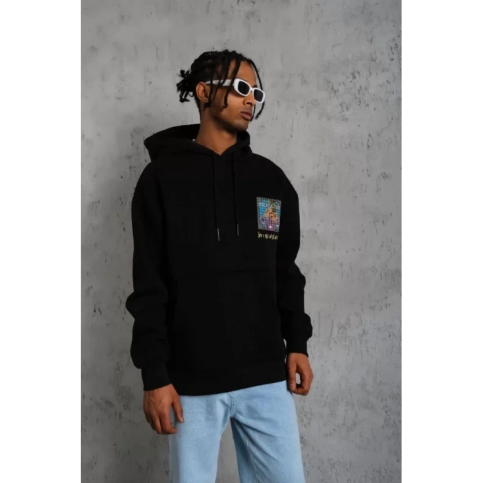 MARSiLYAN- Erkek Patel Six Baskılı Kapüşonlu Sweat - Siyah