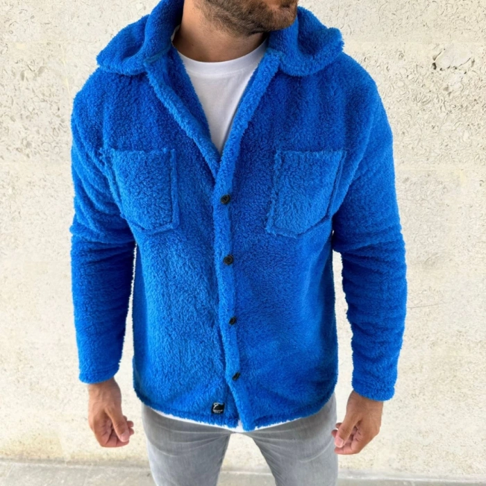 MARSiLYAN- Erkek Pelüş Polar Hırka Gömlek – Yakalı, İlik Düğmeli, Göğüs Cepli, Yumuşak Dokulu Kışlık Regular Fit Rahat Günlük Model - Saks Mavisi