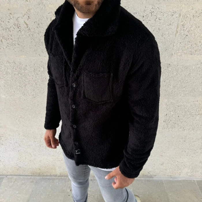 MARSiLYAN- Erkek Pelüş Polar Hırka Gömlek – Yakalı, İlik Düğmeli, Göğüs Cepli, Yumuşak Dokulu Kışlık Regular Fit Rahat Günlük Model - Siyah