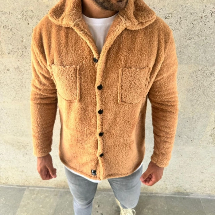 MARSiLYAN- Erkek Pelüş Polar Hırka Gömlek – Yakalı, İlik Düğmeli, Göğüs Cepli, Yumuşak Dokulu Kışlık Regular Fit Rahat Günlük Model - Açık Kahve