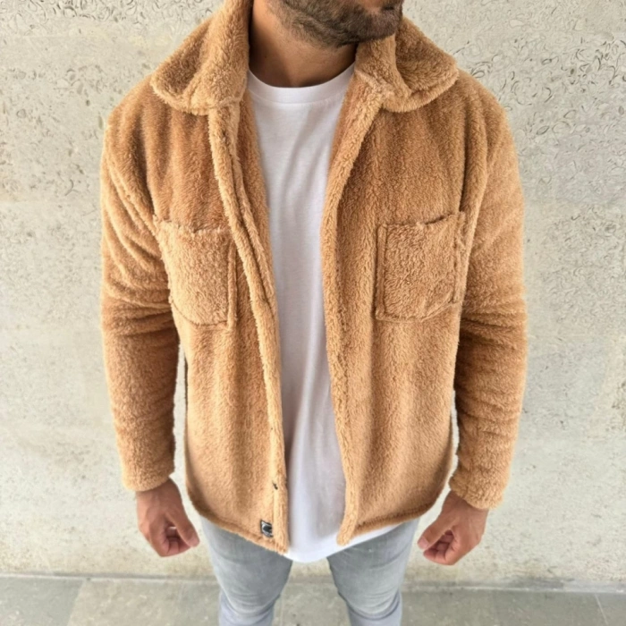 MARSiLYAN- Erkek Pelüş Polar Hırka Gömlek – Yakalı, İlik Düğmeli, Göğüs Cepli, Yumuşak Dokulu Kışlık Regular Fit Rahat Günlük Model - Açık Kahve