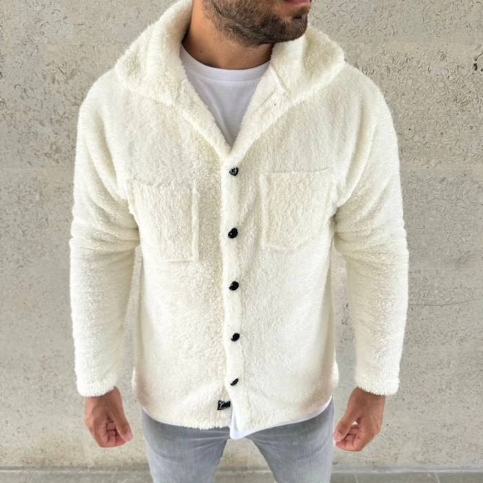 MARSiLYAN- Erkek Pelüş Polar Hırka Gömlek – Yakalı, İlik Düğmeli, Göğüs Cepli, Yumuşak Dokulu Kışlık Regular Fit Rahat Günlük Model - Beyaz