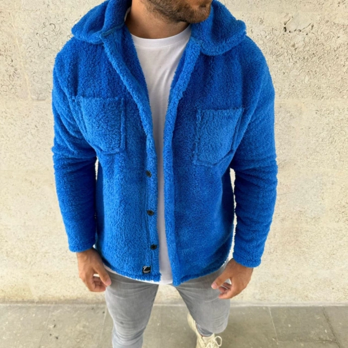 MARSiLYAN- Erkek Pelüş Polar Hırka Gömlek – Yakalı, İlik Düğmeli, Göğüs Cepli, Yumuşak Dokulu Kışlık Regular Fit Rahat Günlük Model - Saks Mavisi