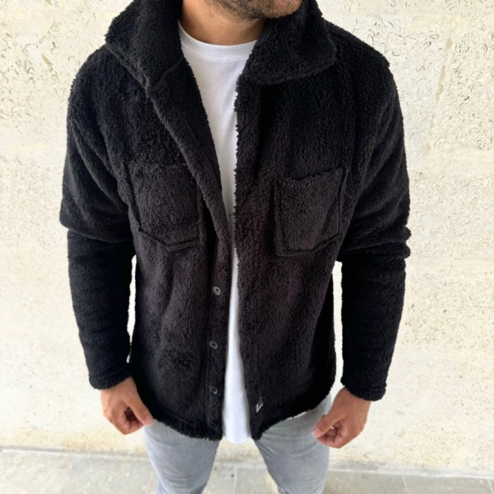 MARSiLYAN- Erkek Pelüş Polar Hırka Gömlek – Yakalı, İlik Düğmeli, Göğüs Cepli, Yumuşak Dokulu Kışlık Regular Fit Rahat Günlük Model - Siyah