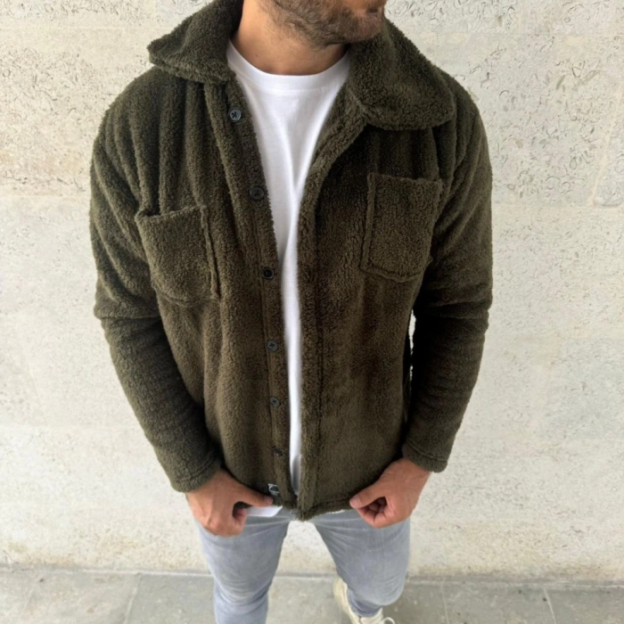 MARSiLYAN- Erkek Pelüş Polar Hırka Gömlek – Yakalı, İlik Düğmeli, Göğüs Cepli, Yumuşak Dokulu Kışlık Regular Fit Rahat Günlük Model - Haki