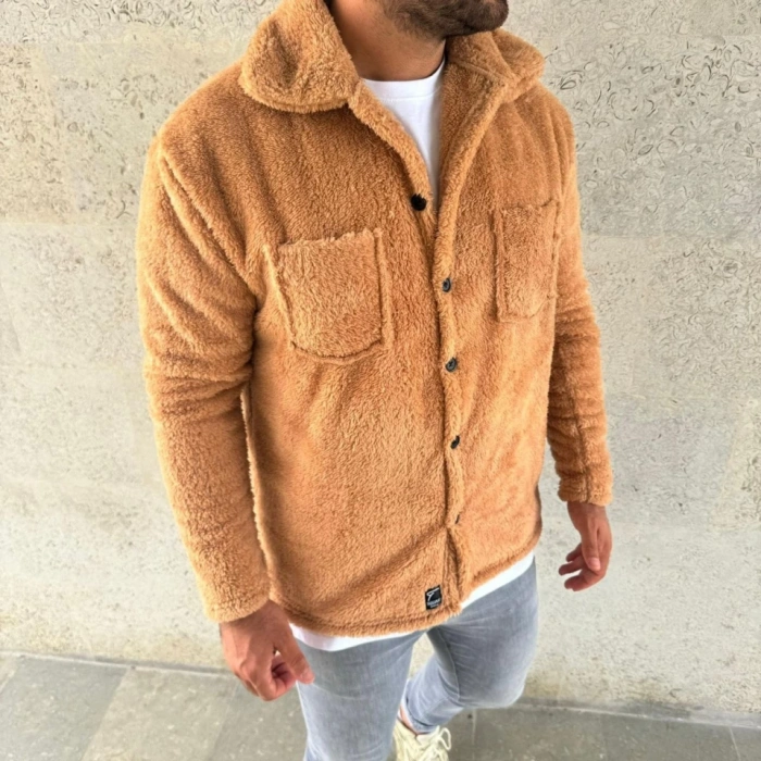 MARSiLYAN- Erkek Pelüş Polar Hırka Gömlek – Yakalı, İlik Düğmeli, Göğüs Cepli, Yumuşak Dokulu Kışlık Regular Fit Rahat Günlük Model - Açık Kahve