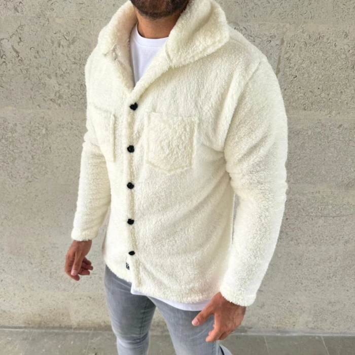 MARSiLYAN- Erkek Pelüş Polar Hırka Gömlek – Yakalı, İlik Düğmeli, Göğüs Cepli, Yumuşak Dokulu Kışlık Regular Fit Rahat Günlük Model - Beyaz