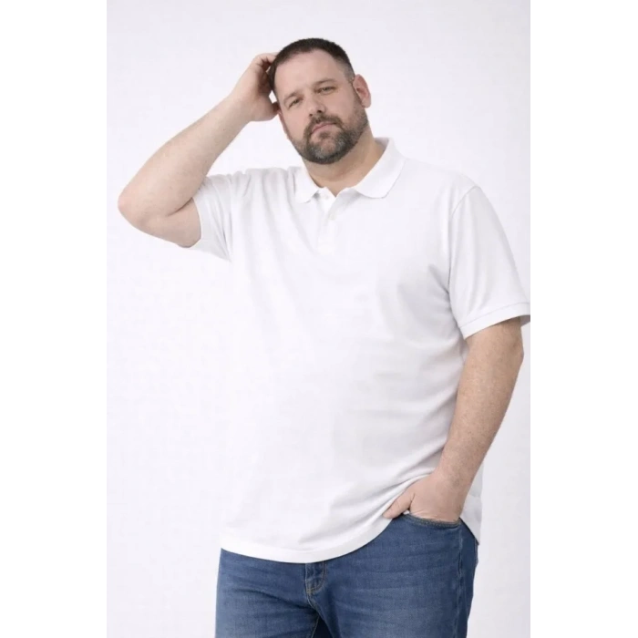 MARSiLYAN- Erkek Pike Kumaş Düğmeli Yaka Battal Büyük Beden Günlük Kısa Kol Tişört T-shirt - Beyaz