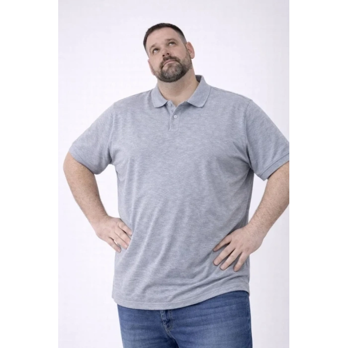 MARSiLYAN- Erkek Pike Kumaş Düğmeli Yaka Battal Büyük Beden Günlük Kısa Kol Tişört T-shirt - Gri