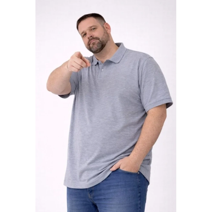 MARSiLYAN- Erkek Pike Kumaş Düğmeli Yaka Battal Büyük Beden Günlük Kısa Kol Tişört T-shirt - Gri