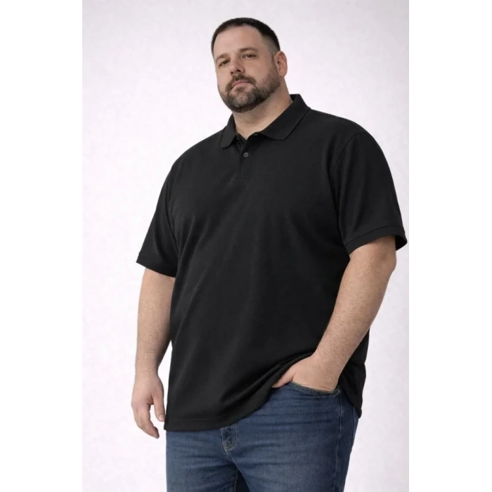 MARSiLYAN- Erkek Pike Kumaş Düğmeli Yaka Battal Büyük Beden Günlük Kısa Kol Tişört T-shirt - Siyah