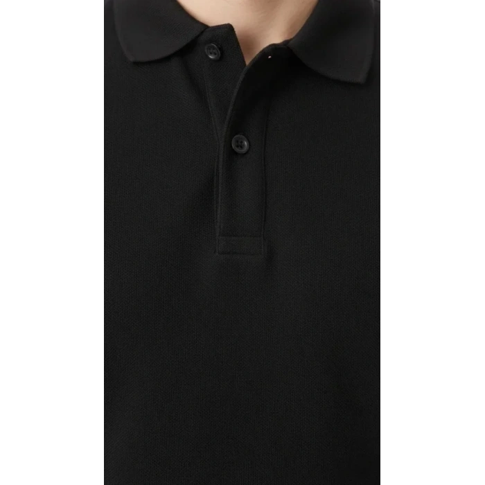 MARSiLYAN- Erkek Pike Kumaş Düğmeli Yaka Regular Fit Günlük Kısa Kol Tişört T-shirt - Siyah