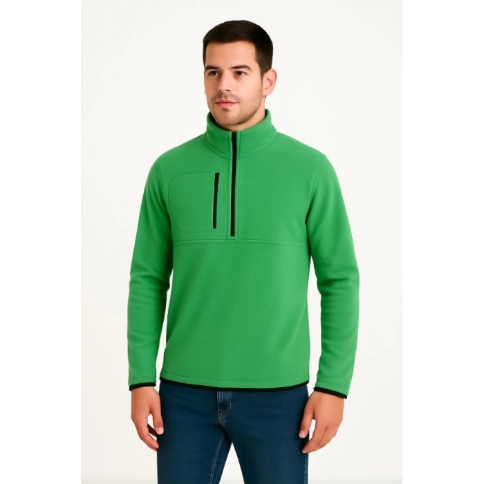 MARSiLYAN- Erkek Polar Kazak – Dik Yaka, Yarım Fermuarlı, Fermuarlı Göğüs Cepli, Siyah Biyeli, Kışlık Rahat Regular Fit Günlük Model - Yeşil