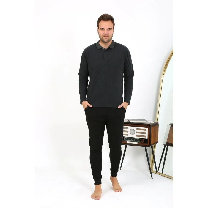 MARSiLYAN- Erkek Polo Yaka Uzun Kol Penye Pijama Takımı Antrasit