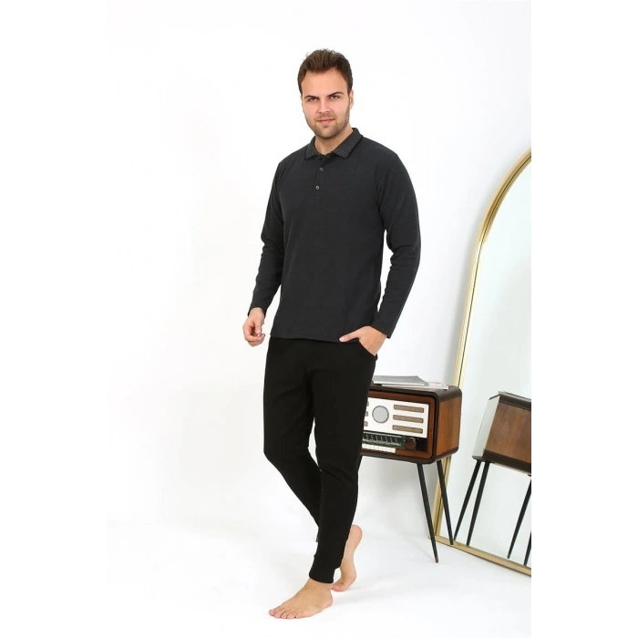 MARSiLYAN- Erkek Polo Yaka Uzun Kol Penye Pijama Takımı Antrasit