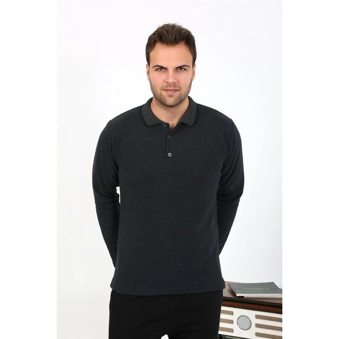 MARSiLYAN- Erkek Polo Yaka Uzun Kol Penye Pijama Takımı Antrasit