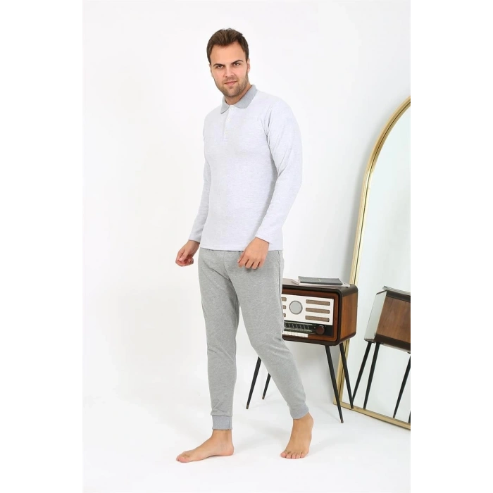 MARSiLYAN- Erkek Polo Yaka Uzun Kol Penye Pijama Takımı Gri