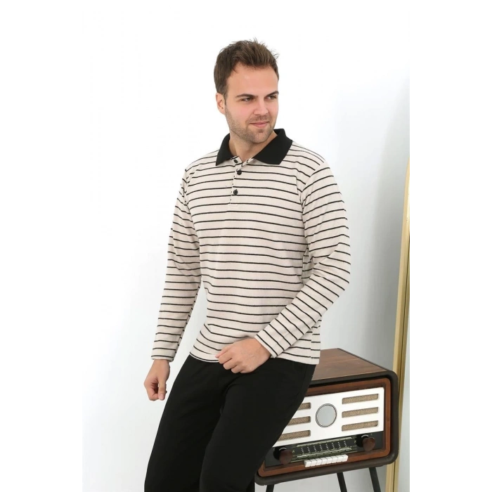 MARSiLYAN- Erkek Polo Yaka Uzun Kol Penye Pijama Takımı Krem