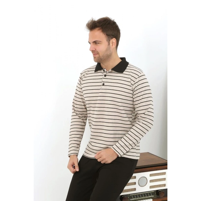MARSiLYAN- Erkek Polo Yaka Uzun Kol Penye Pijama Takımı Krem