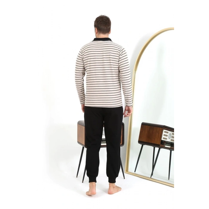 MARSiLYAN- Erkek Polo Yaka Uzun Kol Penye Pijama Takımı Krem