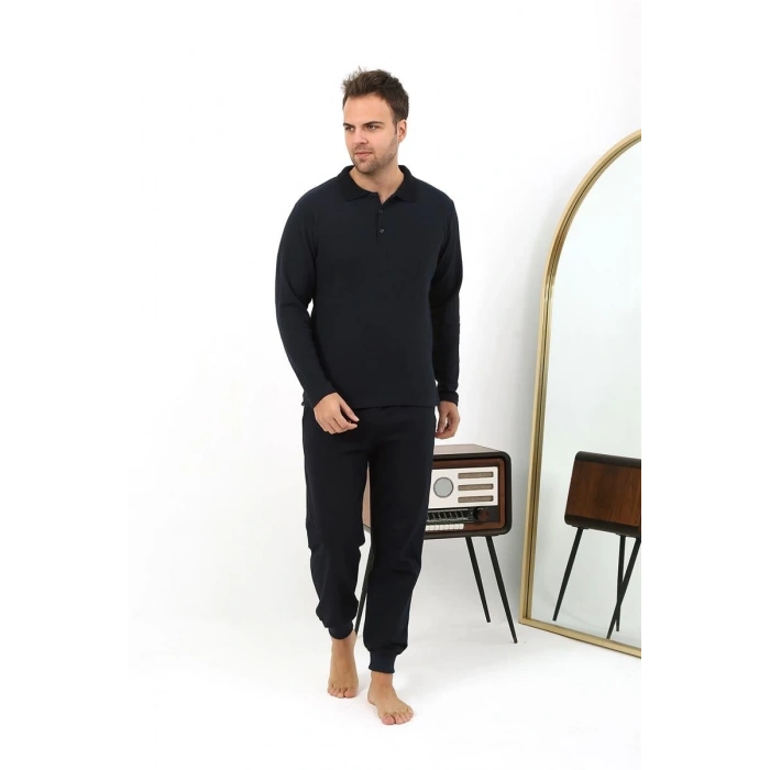 MARSiLYAN- Erkek Polo Yaka Uzun Kol Penye Pijama Takımı Lacivert