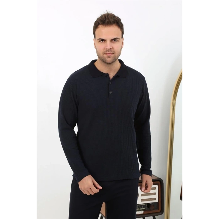 MARSiLYAN- Erkek Polo Yaka Uzun Kol Penye Pijama Takımı Lacivert