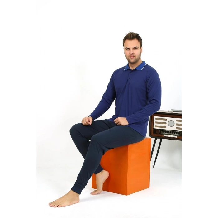 MARSiLYAN- Erkek Polo Yaka Uzun Kol Penye Pijama Takımı Lacivert