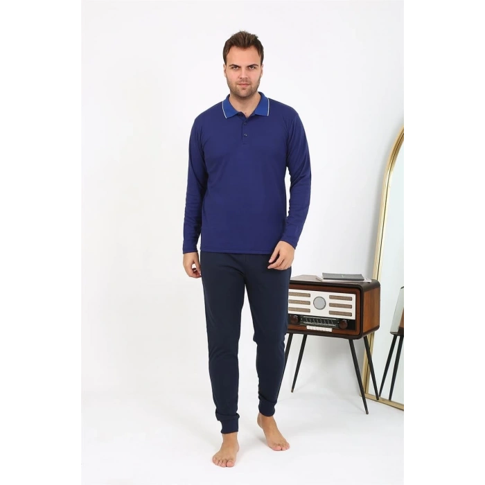 MARSiLYAN- Erkek Polo Yaka Uzun Kol Penye Pijama Takımı Lacivert