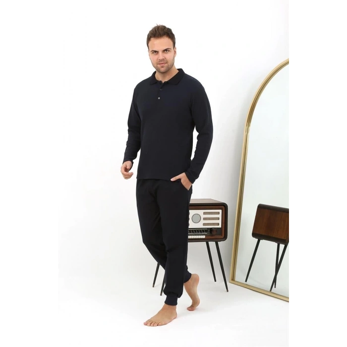 MARSiLYAN- Erkek Polo Yaka Uzun Kol Penye Pijama Takımı Lacivert