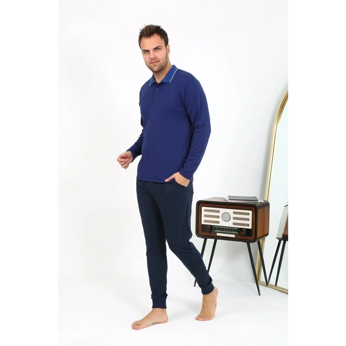 MARSiLYAN- Erkek Polo Yaka Uzun Kol Penye Pijama Takımı Lacivert